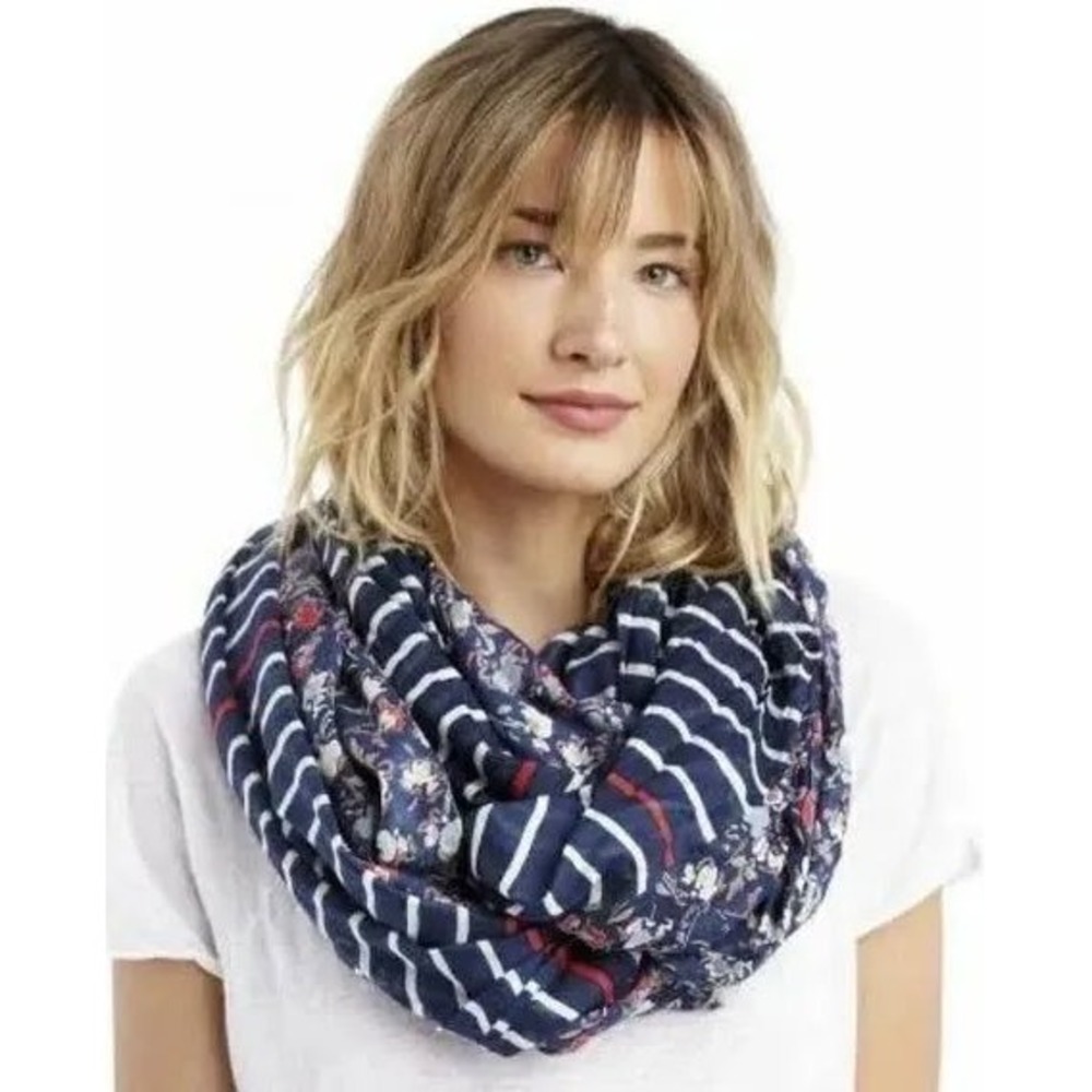 Sole Society Navy Blue White Striped Floral Infinity Scarf Viscose Mixed Print